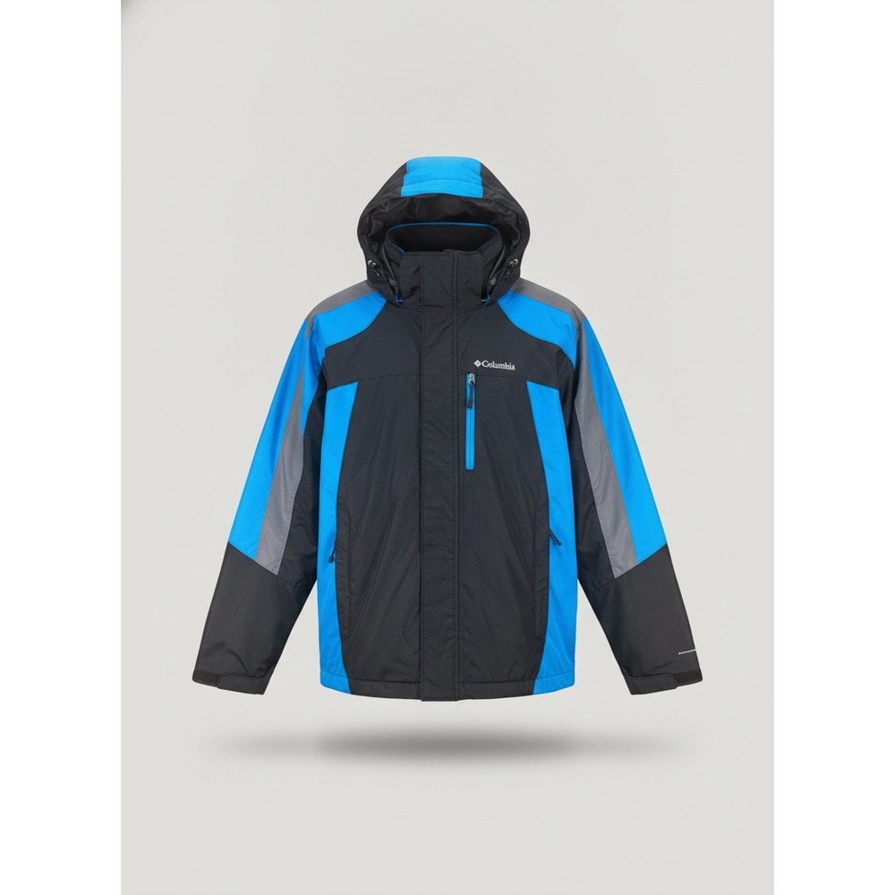 Columbia Interchange Jacket Mens Large 14/16 Black Blue Hooded Colorblock Shell